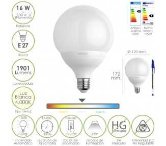 Bombilla Led Globo Rosca E27. 16 Watt. Equivale A 130 Watt. 1901 Lumenes. Luz Blanca (4000º K.)