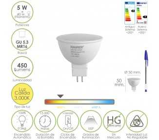 Bombilla Led Dicroica Rosca GU 5.3 / MR16. 5 Watt. Equivale A 40 Watt. 405 Lumenes. Luz Cálida (3000º K.)