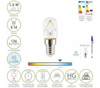 Bombilla Led Frigorifico Rosca E14. 1.5 Watt. Equivale A 15 Watt. 136 Lumenes. Luz Fria (6500º K.)