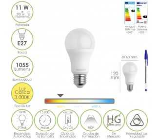 Bombilla Led Estandar Rosca E27. 11 Watt. Equivale A 90 Watt. 1055 Lumenes. Luz Calida (3000º K.) Dimerable