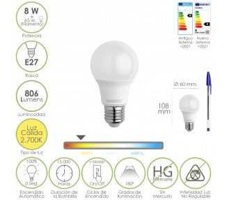 Bombilla Led Estandar Rosca E27. 8 Watt. Equivale A 65 Watt. 806 Lumenes. Luz Calida (2700º K.)