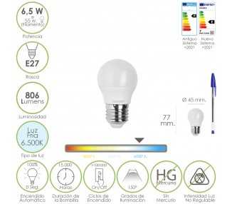 Bombilla Led Esfera Rosca E27. 6.5 Watt. Equivale A 55 Watt. 806 Lumenes. Luz Fría 6500º K.