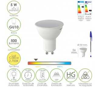 Bombilla Led Dicroica Rosca GU10. 5 Watt. Equivale A 30 Watt. 500 Lumenes. Luz Cálida (2700º K)