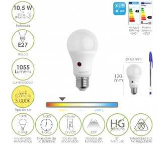 Bombilla Led Esfera Con Sensor Crepuscular. Rosca E27. 10.5 Watt. Equivale A 90 Watt. 1055 Lumenes. Luz Calida 3000º K.