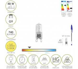 Bombilla Halogena G-9. 48 W. 460 lumenes. Luz cálida (3.000º K)