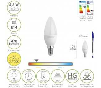 Bombilla Led Vela Rosca E14. 4,5 Watt. Equivale A 35 Watt. 470 Lumenes. Luz Cálida (2700º K)