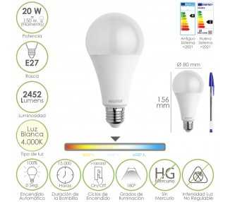 Bombilla Led Estandar Rosca E27. 20  Watt. Equivale A 150 Watt. 2452 Lumenes. Luz Neutra (4000º K.)