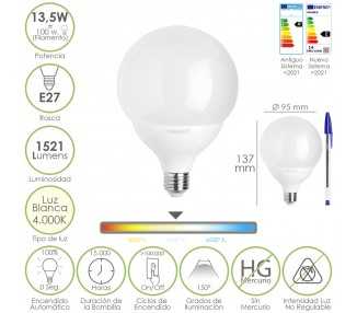Bombilla Led Esfera Globo E27. 13,5 Watt. Equivale A 100 Watt. 1521 Lumenes. Luz Neutra 4000º K.