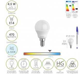 Bombilla Led Esferica Rosca E14 4.5 Watt. Equivale A 35 Watt. 470 Lumenes. Luz Fria (6500º K)