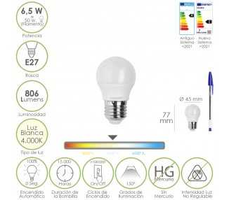 Bombilla Led Esfera Rosca E27. 6.5 Watt. Equivale A 50 Watt. 806 Lumenes. Luz Neutra 4000º K.