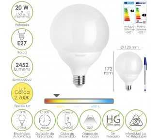 Bombilla Led Globo E27. 20 Watt. Equivale A 150 Watt. 2452 Lumenes. Luz Calida 2700º K.
