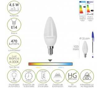 Bombilla Led Vela Rosca E14. 4,5 Watt. Equivale A 35 Watt. 470 Lumenes. Luz Neutra (4000º K.)