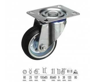 Rueda Industrial Goma Negra Placa   80 mm.