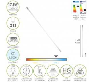 Tubo Led T8 120 cm.17,5 Watt. Equivale A 130 Watt. 1800 Lumenes. Luz Fria 6500º K.