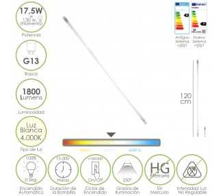 Tubo Led T8 120 cm.17,5 Watt. Equivale A 130 Watt. 1800 Lumenes. Luz Neutra 4000º K.