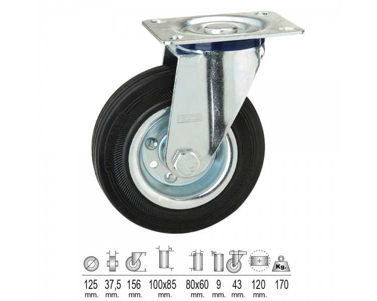 Rueda Industrial Goma Negra Placa  125 mm.