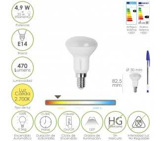 Bombilla Led Reflectante Rosca E14. 4,9 Watt. Equivale A 35 Watt. 470 Lumenes. Luz Cálida (3000º K.)