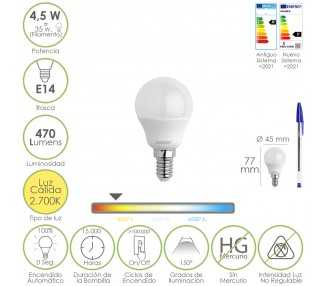Bombilla Led Esferica Rosca E14 4.5 Watt. Equivale A 35 Watt. 470 Lumenes. Luz Cálida (00º K)