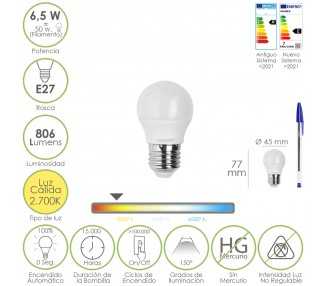 Bombilla Led Esfera Rosca E27. 6.5 Watt. Equivale A 50 Watt. 806 Lumenes. Luz Calida 3000º K.