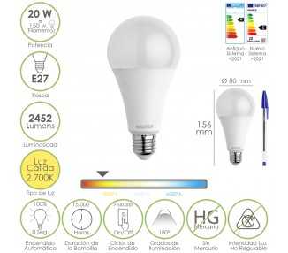 Bombilla Led Estandar Rosca E27. 20  Watt. Equivale A 150 Watt. 2452 Lumenes. Luz Calida (3000º K.)