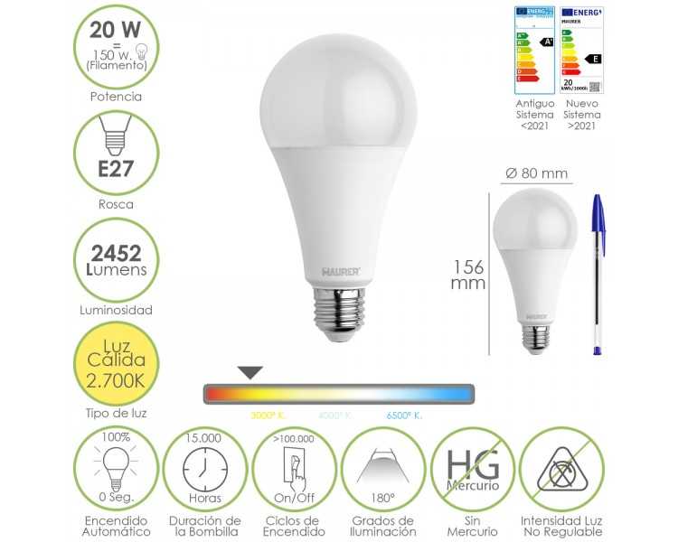 Bombilla Led Estandar Rosca E27. 20  Watt. Equivale A 150 Watt. 2452 Lumenes. Luz Calida (3000º K.)