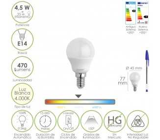 Bombilla Led Esferica Rosca E14 4.5 Watt. Equivale A 35 Watt. 470 Lumenes. Luz Neutra (4000º K)