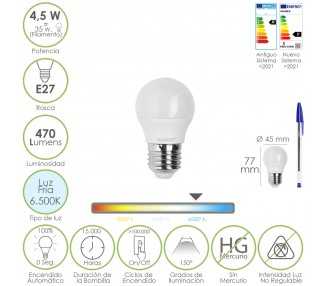 Bombilla Led Esferica Rosca E27 4.5 Watt. Equivale A 55 Watt. 470 Lumenes. Luz Fria (6500º K)