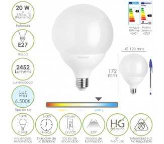 Bombilla Led Globo E27. 20 Watt. Equivale A 150 Watt. 2452 Lumenes. Luz Fria 6500º K.