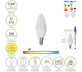 Bombilla Led Vela E14. 2,5 Watt. Equivale A 20 Watt. 250 Lumenes. Luz Calida 2700º K.