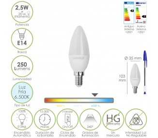 Bombilla Led Vela E14. 2,5 Watt. Equivale A 20 Watt. 250 Lumenes. Luz Fria 6500º K.