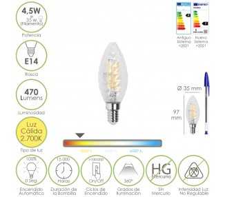 Bombilla Led Filamento Vela Twist. E14. 4,5 Watt. Equivale A 35 Watt. 470 Lumenes. Luz Calida 2700º K.