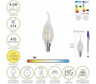 Bombilla Led Filamento Vela Llama E14. 4,5 Watt. Equivale A 35 Watt. 470 Lumenes. Luz Calida 2700º K.
