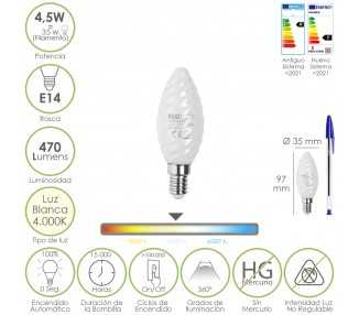 Bombilla Led Filamento Vela Esmerilada E14. 4,5 Watt. Equivale A 35 Watt. 470 Lumenes. Luz Neutra 4000º K.