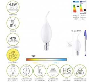Bombilla Led Filamento Vela Llama Esmerilada E14. 4,5 Watt. Equivale A 35 Watt. 470 Lumenes. Luz Calida 2700º K.