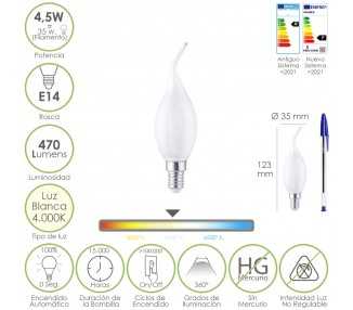 Bombilla Led Filamento Vela Llama Esmerilada E14. 4,5 Watt. Equivale A 35 Watt. 470 Lumenes. Luz Neutra 4000º K.