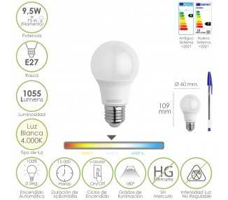 Bombilla Led Estandar Rosca E27. 9.5 Watt. Equivale A 75 Watt. 1055 Lumenes. Luz Neutra (4000º K.)