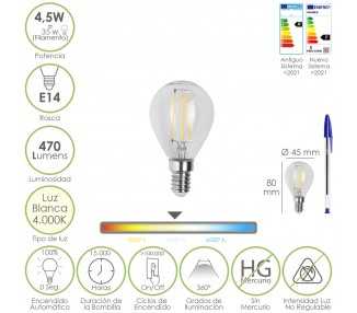 Bombilla Led Filamento Esfera Rosca E14. 4,5 Watt. Equivale A 35 Watt. 470 Lumenes. Luz Neutra 4000º K.