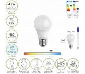 Bombilla Led Estandar Rosca E27. 4.9 Watt. Equivale A 40 Watt. 480 Lumenes. Luz Fria (6500º K.)