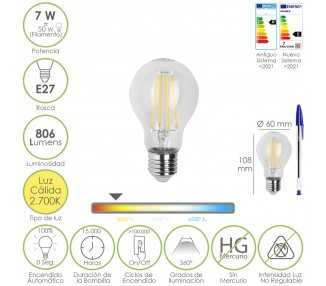 Bombilla Led Filamento Standar Rosca E27. 7 Watt. Equivale A 50 Watt. 806 Lumenes. Luz Calida 2700º K.