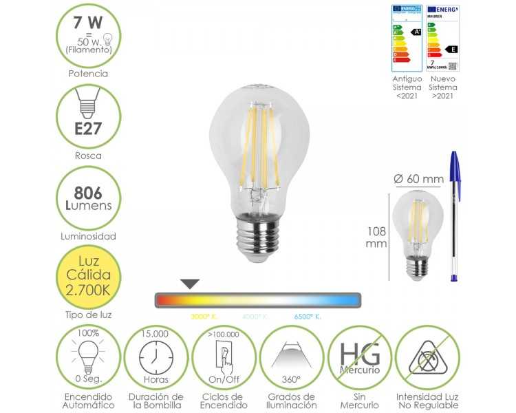 Bombilla Led Filamento Standar Rosca E27. 7 Watt. Equivale A 50 Watt. 806 Lumenes. Luz Calida 2700º K.