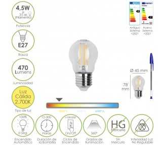 Bombilla Led Filamento Esfera Rosca E27. 4,5 Watt. Equivale A 35 Watt. 470 Lumenes. Luz Calida 2700º K.