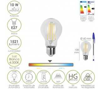Bombilla Led Filamento Standar Rosca E27. 10 Watt. Equivale A 80 Watt. 1521 Lumenes. Luz Neutra 4000º K.