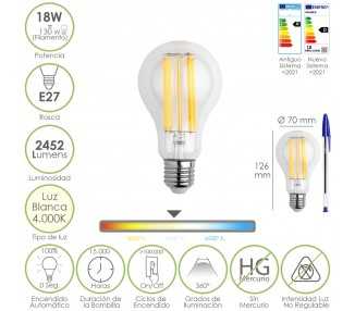 Bombilla Led Filamento Standar Rosca E27. 18 Watt. Equivale A 130 Watt. 2462 Lumenes. Luz Neutra 4000º K.