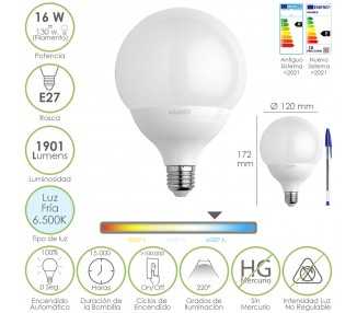 Bombilla Led Globo Rosca E27. 16 Watt. Equivale A 130 Watt. 1901 Lumenes. Luz Fria 6500º K.