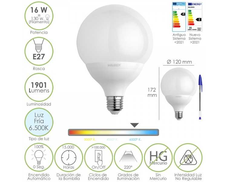 Bombilla Led Globo Rosca E27. 16 Watt. Equivale A 130 Watt. 1901 Lumenes. Luz Fria 6500º K.