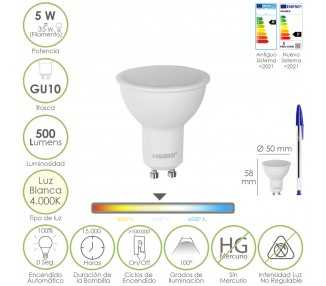Bombilla Led Dicroica Rosca GU10. 5 Watt. Equivale A 35 Watt. 500 Lumenes. Luz Neutra 4000º K
