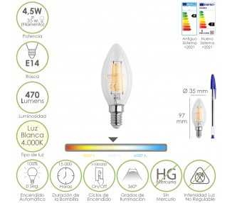 Bombilla Led Filamento Vela Rosca E14. 4,5 Watt. Equivale A 35 Watt. 470 Lumenes. Luz Neutra 4000º K.