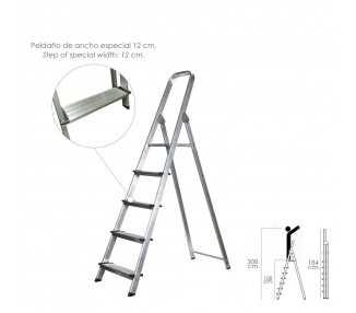 Escalera Doméstica Aluminio Profesional 5 Peldaños 12 cm Grosor.