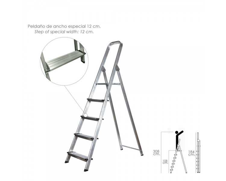 Escalera Doméstica Aluminio Profesional 5 Peldaños 12 cm Grosor.