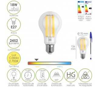 Bombilla Led Filamento Standar Rosca E27. 18 Watt. Equivale A 130 Watt. 2462 Lumenes. Luz Calida 2.700 º K.